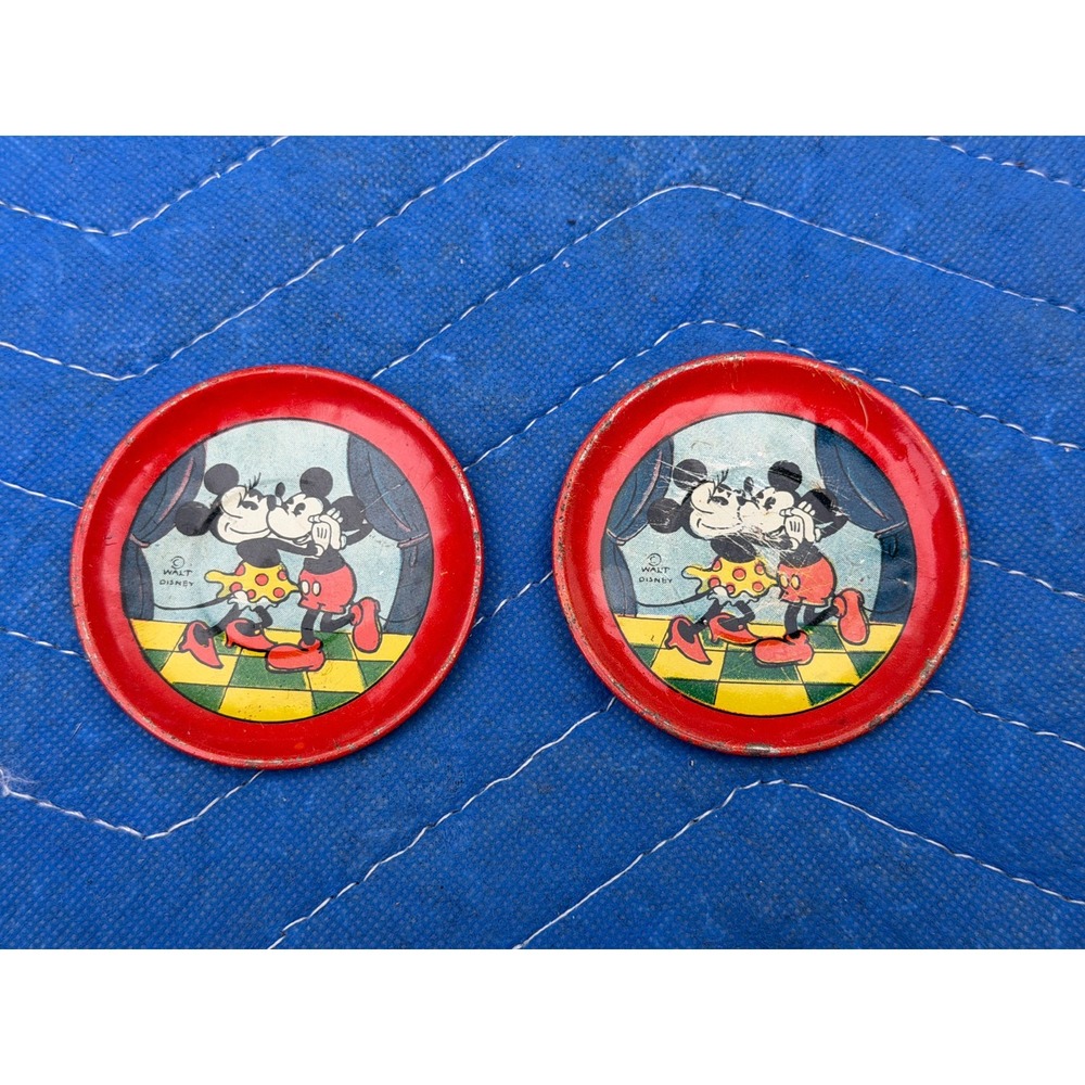 Vintage J Chein Mickey Mouse & Minnie Saucers Childs Toy Tin Litho Tea Set BI
